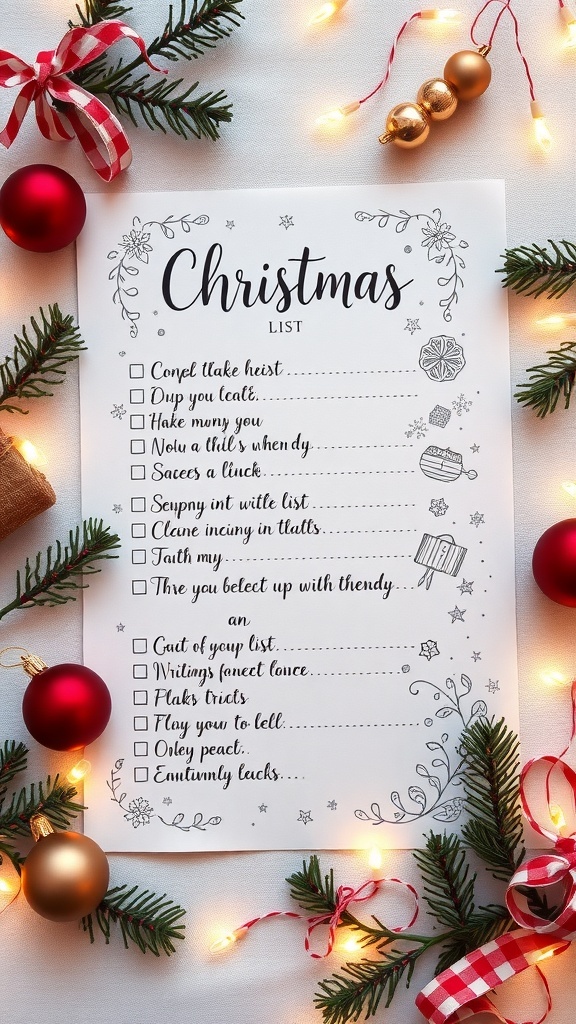 Aesthetic Christmas list on decorative paper with calligraphy and festive decorations.